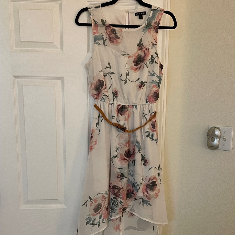 As U Wish Cream Floral High Low Dress with Braided Belt